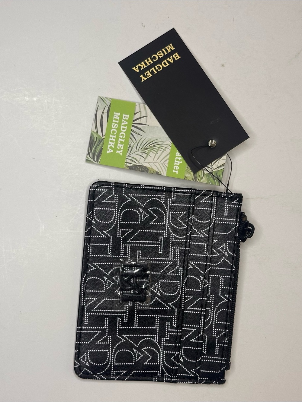 Badgley Mischka Black/White AOP Logo Mini Card Holder Wallet Vegan Leather NEW